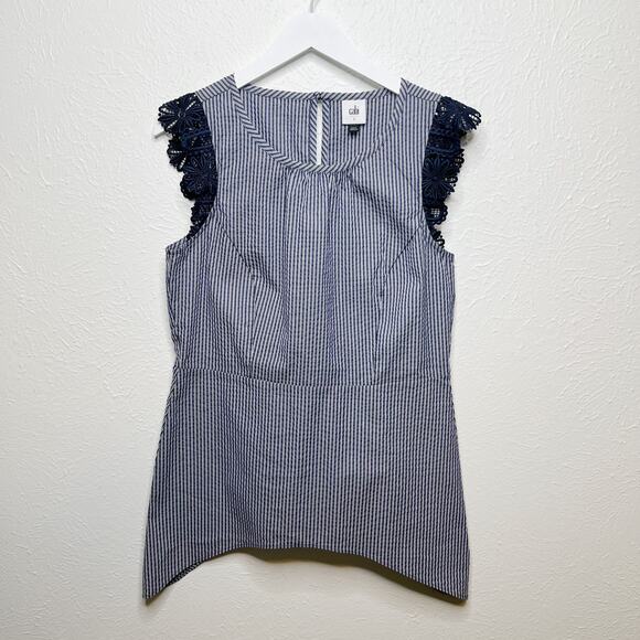 CAbi Crochet Flutter Sleeve Top Seersucker Blue White Striped #5727 Sz S - Picture 2 of 9